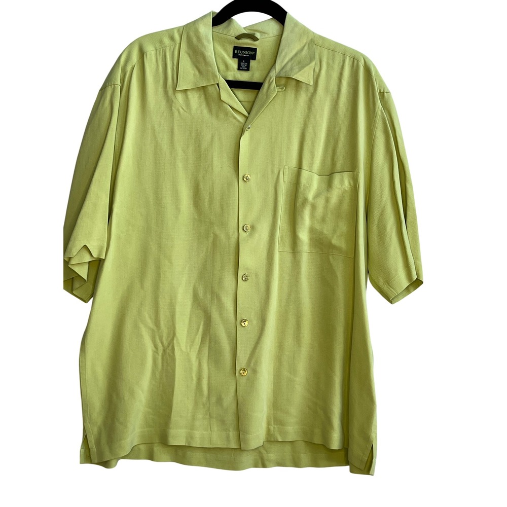 REUNION Menswear Silk Short‎ Sleeve Button Up Shirt Light Green Size L